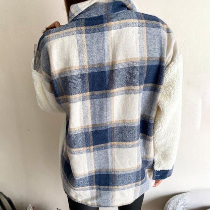 elveswallet Plaid Print Plush Patchwork Contrast Jacket