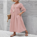 Elveswallet Women Solid Color Linen Dress