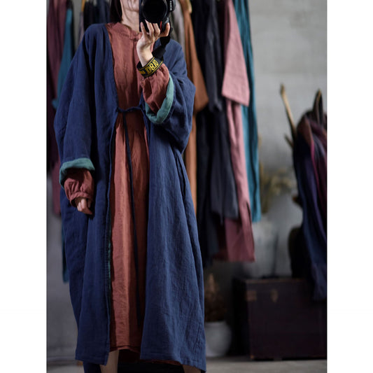 ELVESWALLET 2025 20/9 After the Tang Dynasty, spring and autumn, national style retro ethnic linen cotton collarless straight tube women's trench coat robe