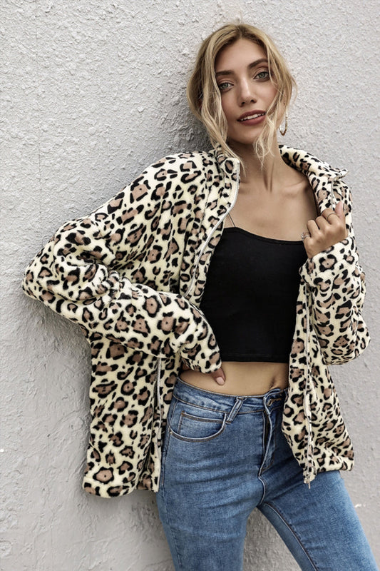 elveswallet Leopard Print Lapel Long Sleeve Loose Coat