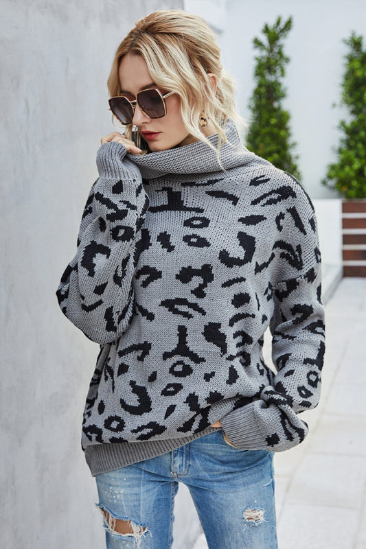 elveswallet Loose Leopard Print Turn-Down Collar Sweater