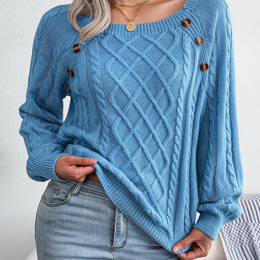 elveswallet  Women's Sweater Round Neck Texture Button Lantern Sleeve Sweater