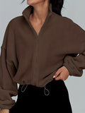 Solid Drawstring Zip-up Sweatshirt, Casual Long Sleeve Lapel Sweatshirt For Fall & Winter, Women's Clothing
