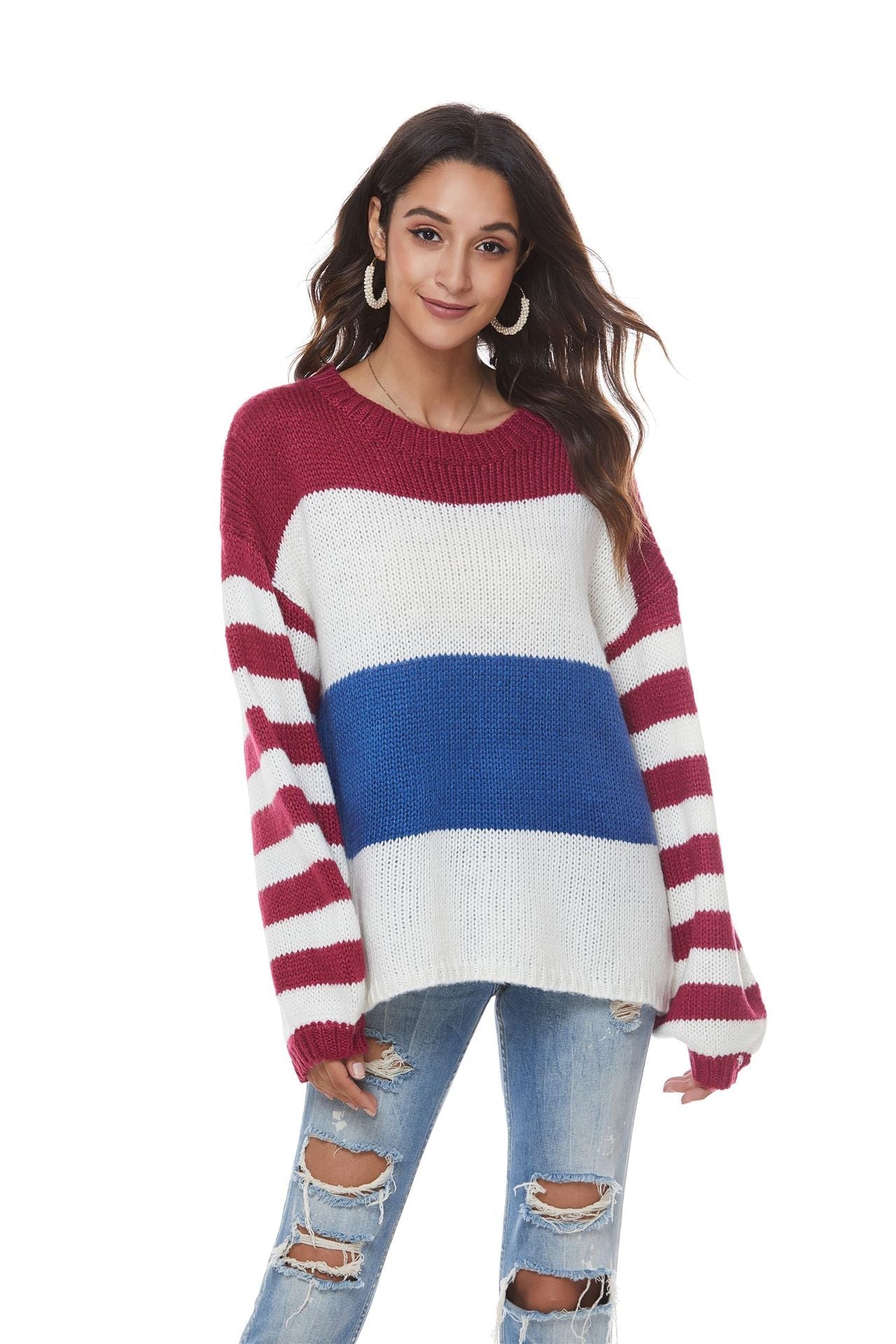 elveswallet Patchwork Large Size  Round Collar Sweater