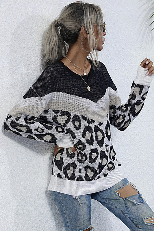 elveswallet Leopard Print Stitching Long-sleeved Sweater