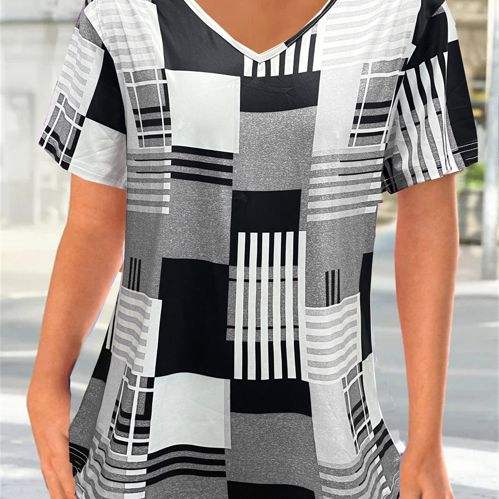 elveswallet  Plus Size Casual Top, Women's Plus Blocks Print Short Sleeve V Neck Medium Stretch T-shirt