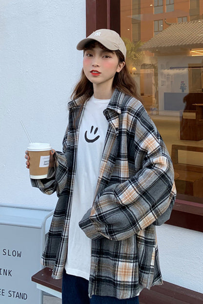 elveswallet Flannel Tweed Plaid Shirt Coat