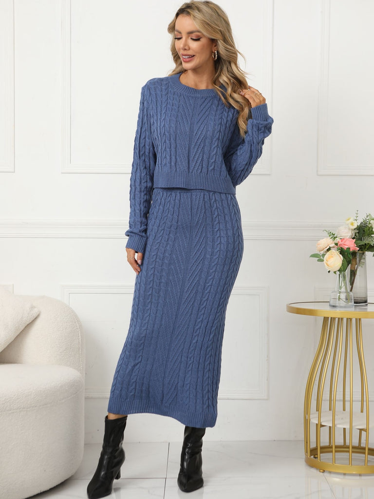 elveswallet  Chunky Cable Knit Sweater & Skirt, Long Sleeve Crew Neck Cropped Sweater + Bodycon Maxi Skirt Combo, Casual Tops & Bottoms For Fall & Winter, Women's Clothing