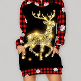 elveswallet  Christmas Deer Print Dress, Casual Hooded Long Sleeve Dress, Women's Clothing