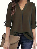 elveswallet  Solid Simple Blouse, Casual V Neck Long Sleeve Blouse, Women's Clothing