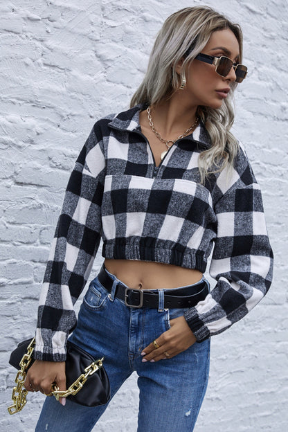 elveswallet Navel Stripe Check Lapel Zipper Sweater