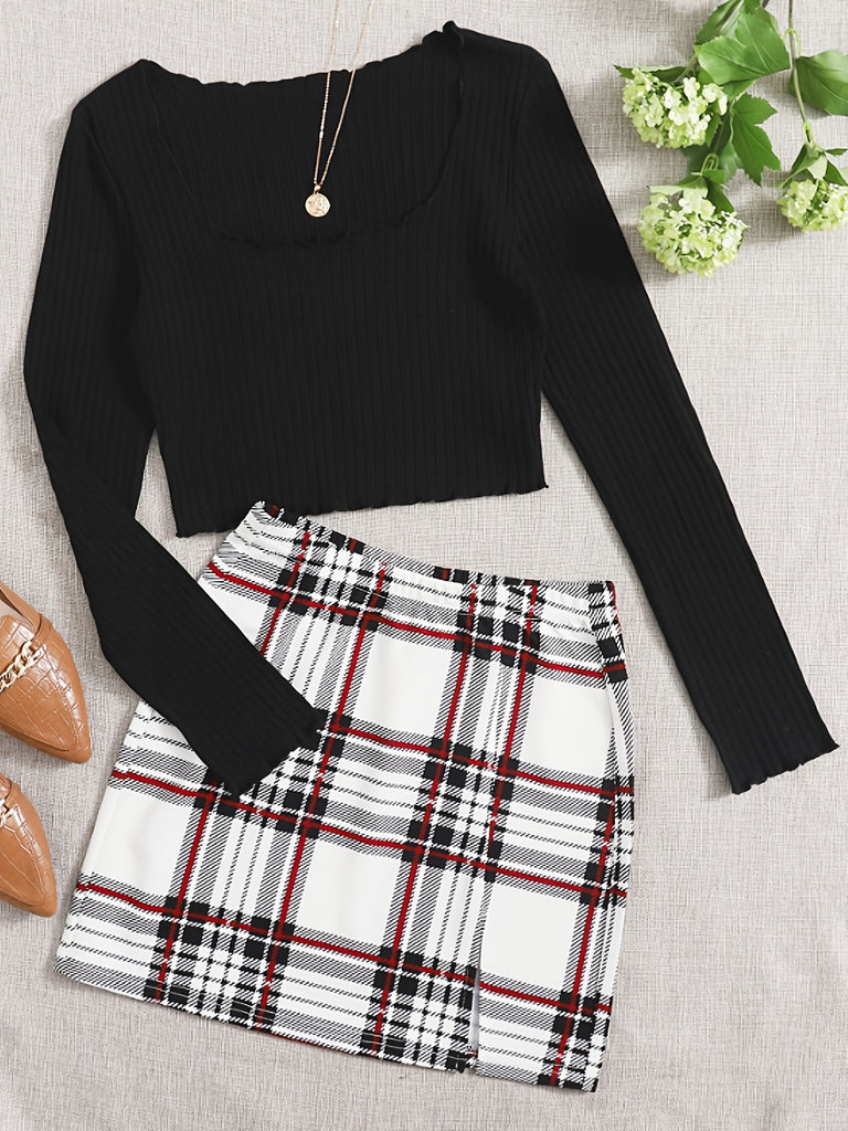 Women's Stylish Two Piece Set, Solid Square Neck Crop Top & Plaid High Waist Mini Skirt, Women's Clothing