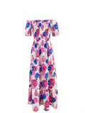 Floral Print Off Shoulder Dress, Casual Shirred Puff Sleeve Maxi Dress, Women's Clothing