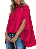 Solid Batwing Sleeve Blouse, Casual Ruched High Collar Loose Blouse, Women's Clothing