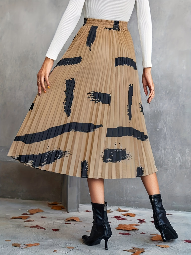 Abstract Print Pleated Skirt, Elegant High Waist Skirt For Spring & Summer, Women's Clothing
