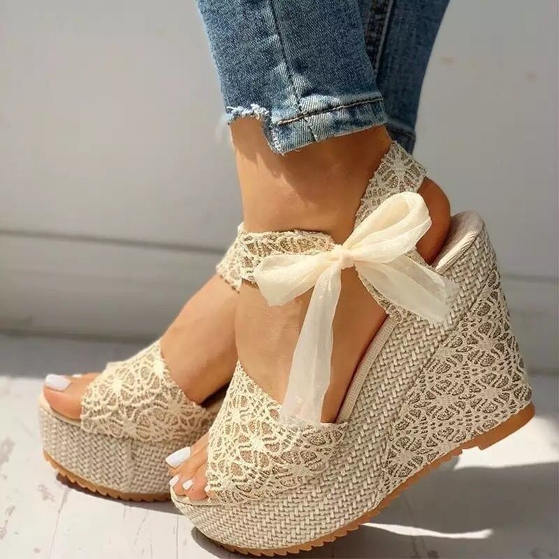 elveswallet Lace Bow Wedges Sandals