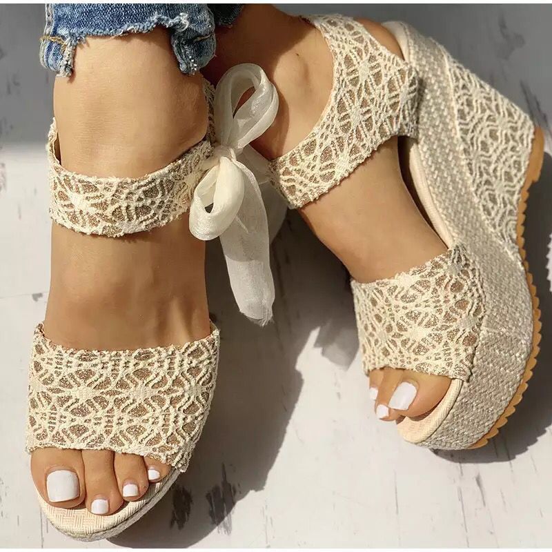 elveswallet Lace Bow Wedges Sandals