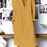 Minimalist Dual Pockets Button Shirt Dress, Casual Long Sleeve Dress For Spring & Fall, Women's Clothing