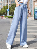 elveswallet  Minimalist Solid Drawstring Pants, Casual Long Length Elastic Waist Wide Leg Pants, Women's Clothing