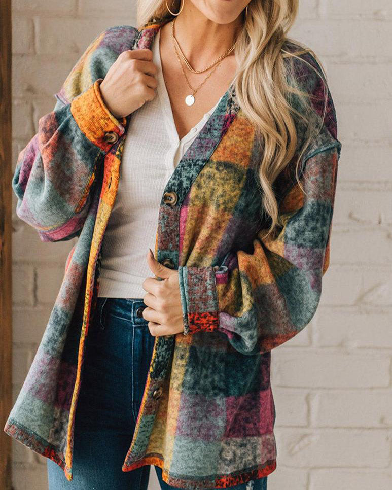 elveswallet Loose multicolor plaid collarless jacket