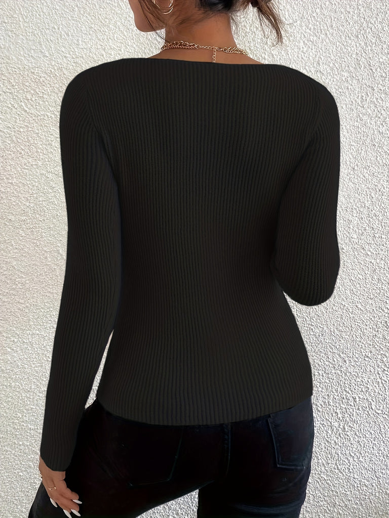 elveswallet  Solid Rib Knit Sweater, Casual Long Sleeve V Neck Slim Sweater, Women's Clothing