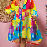 elveswallet  Plus Size Painting Color Print V Neck Midi Dress, Women's Plus Slight Stretch Party Dress