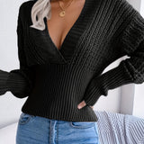 Solid Deep V Neck Pullover Sweater, Casual Long Sleeve Cinched Waist Sweater For Spring & Fall, Women's Clothing