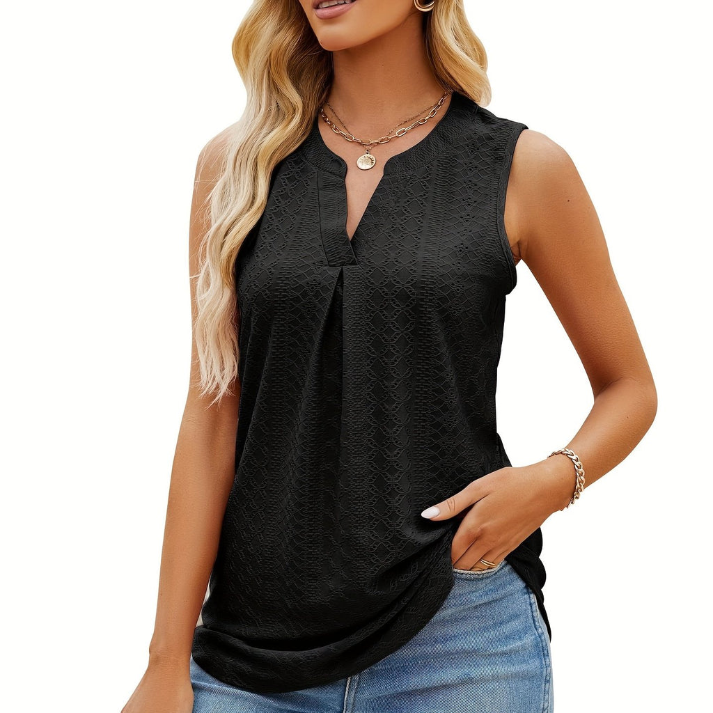 elveswallet  Eyelet Embroidered Notched Neck Blouse, Casual Sleeveless Blouse, Women's Clothing
