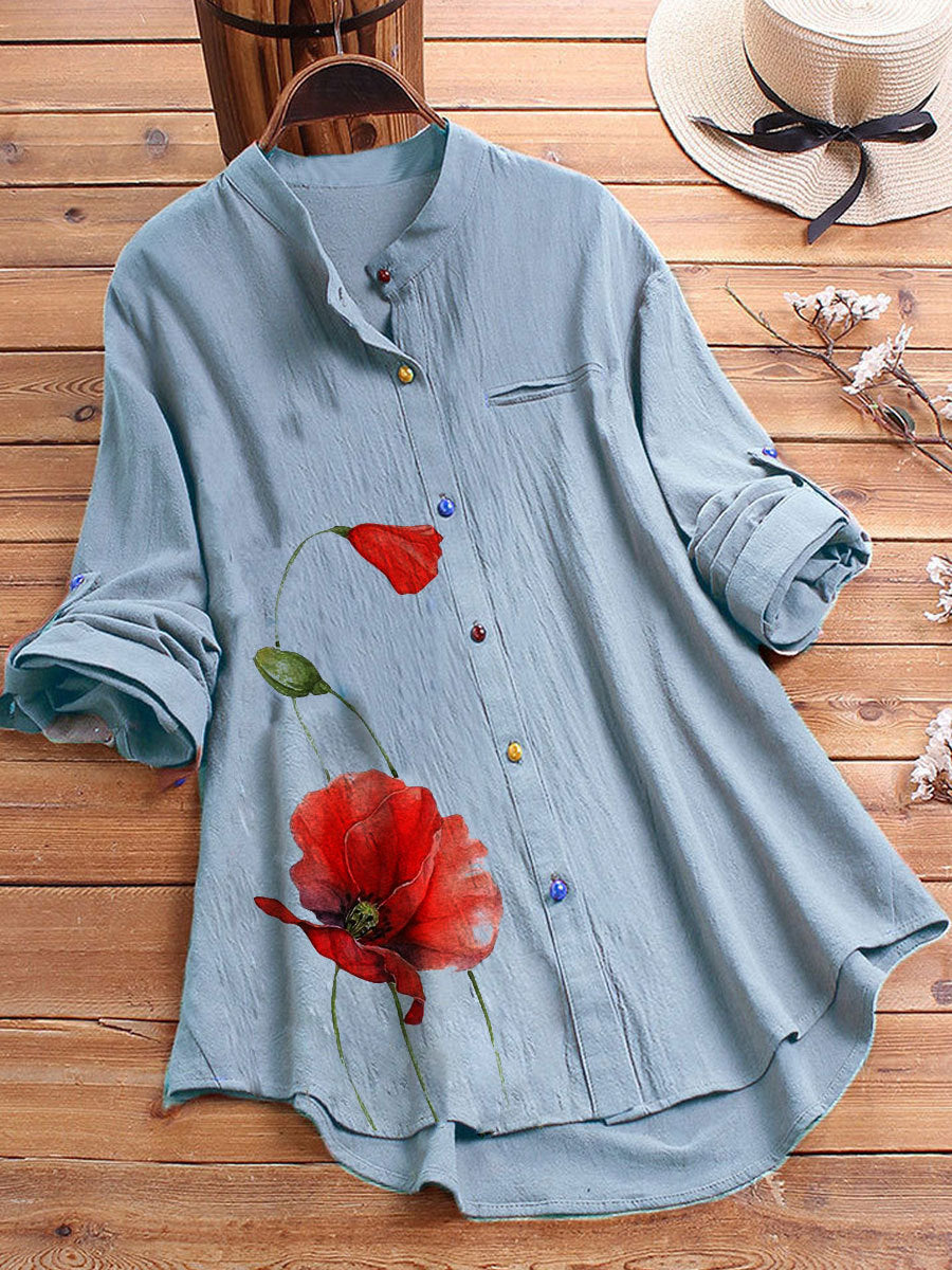 Button-Down Long Sleeve Printed Long Type Linen Shirts