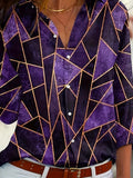elveswallet  Plus Size Casual Blouse, Women's Plus Colorblock Geometric Print Button Up Long Sleeve Turn Down Collar Blouse