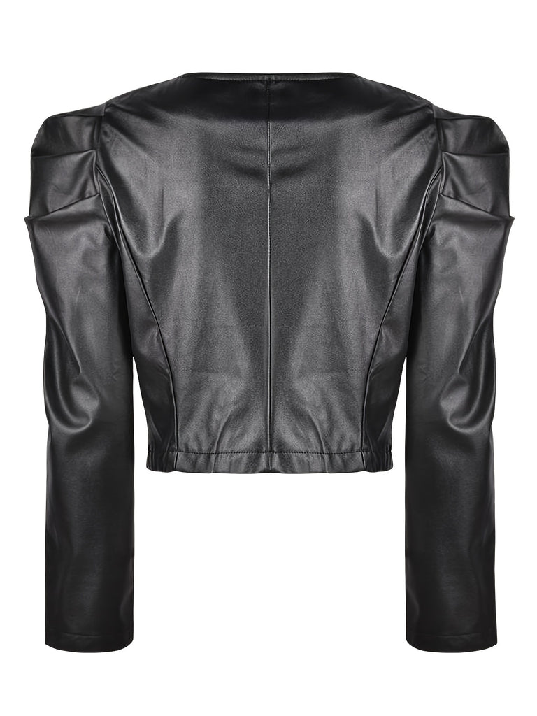 Casual Faux Leather Jacket, Lapel PU Long Sleeve Fashion Loose Outerwear, Women's Clothing