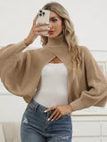 Solid Color Turtle Neck Split Sweater, Stylish Backless Lantern Sleeve Sweater For Fall & Winter, Women's Clothing