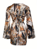 Abstract Print Long Sleeve Wrap Dress, Elegant Surplice Neck Dress For Spring & Summer, Women's Clothing