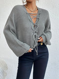 Solid Lace Up Sweater, Casual Long Sleeve Sweater For Fall & Winter, Women's Clothing