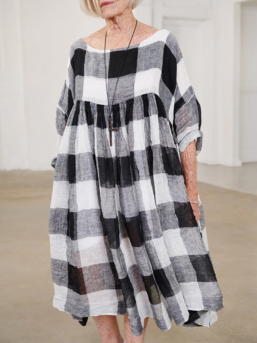 Women Loose Linen Round Neck Plaid Dress