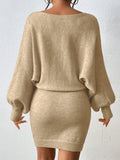 Abstract Print Sweater Dress, Elegant Boat Neck Long Lantern Sleeve Dress, Women's Clothing