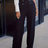 elveswallet  Plus Size Casual Pants, Women's Plus Solid Button Decor High Rise Elastic Straight Leg Pants