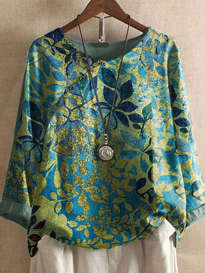 Leaf Print Casual Round Neck Top