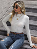 Ribbed Turtleneck T-Shirt, Casual Long Sleeve Top For Winter & Fall, Women's Clothing