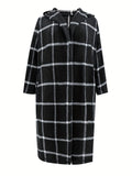 Plus Size Elegant Coat, Women's Plus Grid Print Long Sleeve Hoodie Slight Stretch Longline Woolen Coat