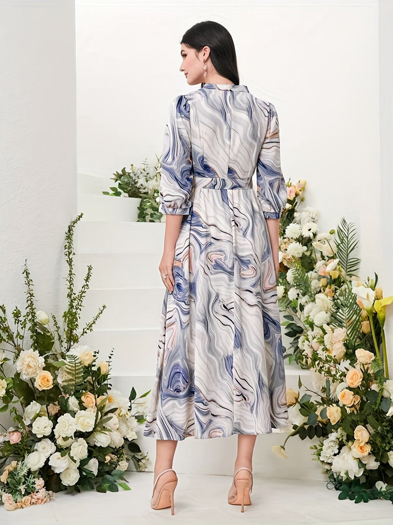 elveswallet  Abstract Print Surplice Neck Dress, Elegant 3/4 Sleeve Midi Dress, Women's Clothing