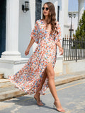 elveswallet  Floral Print Split V Neck Dress, Boho Short Sleeve Dress For Spring & Summer, Women's Clothing