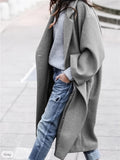 Plus Size Casual Trench Coat, Women's Plus Solid Long Sleeve Double Breast Button Lapel Collar Longline Trench Coat With Pockets