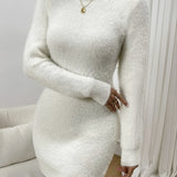 Solid Round Neck Long Sleeve Sweater Dress, Elegant Thermal Bag Hip Warm Dress, Women's Clothing