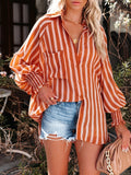 elveswallet  Lantern Sleeve Striped Cross Shirts, Casual Every Day Blouses Tops, Women's Clothing