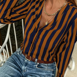 elveswallet  Casual Striped V-neck Blouses, Long Sleeve Button Down Fashion Loose Tops, Women's Clothing