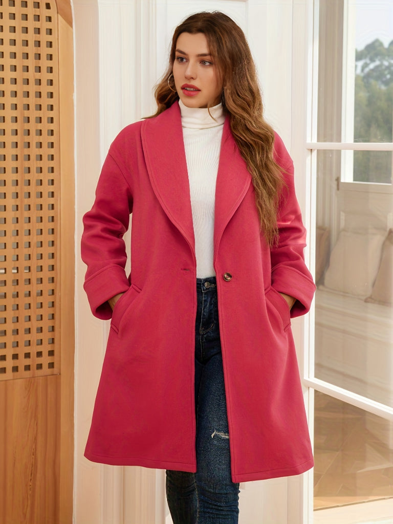 elveswallet  Lapel Drop Shoulder Mid Length Coat, Casual Long Sleeve Button Front Outerwear With Pockets, Women's Clothing