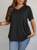 elveswallet  Plus Size Casual Top, Women's Plus Solid Button Decor Short Sleeve V Neck Ruched Tee