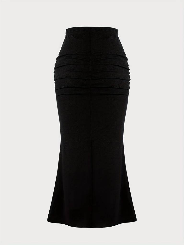 elveswallet  Solid Ruched High Waist Skirt, Elegant Slim Bodycon Skirt For Spring & Fall, Women's Clothing