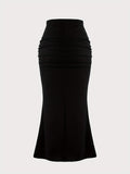 elveswallet  Solid Ruched High Waist Skirt, Elegant Slim Bodycon Skirt For Spring & Fall, Women's Clothing